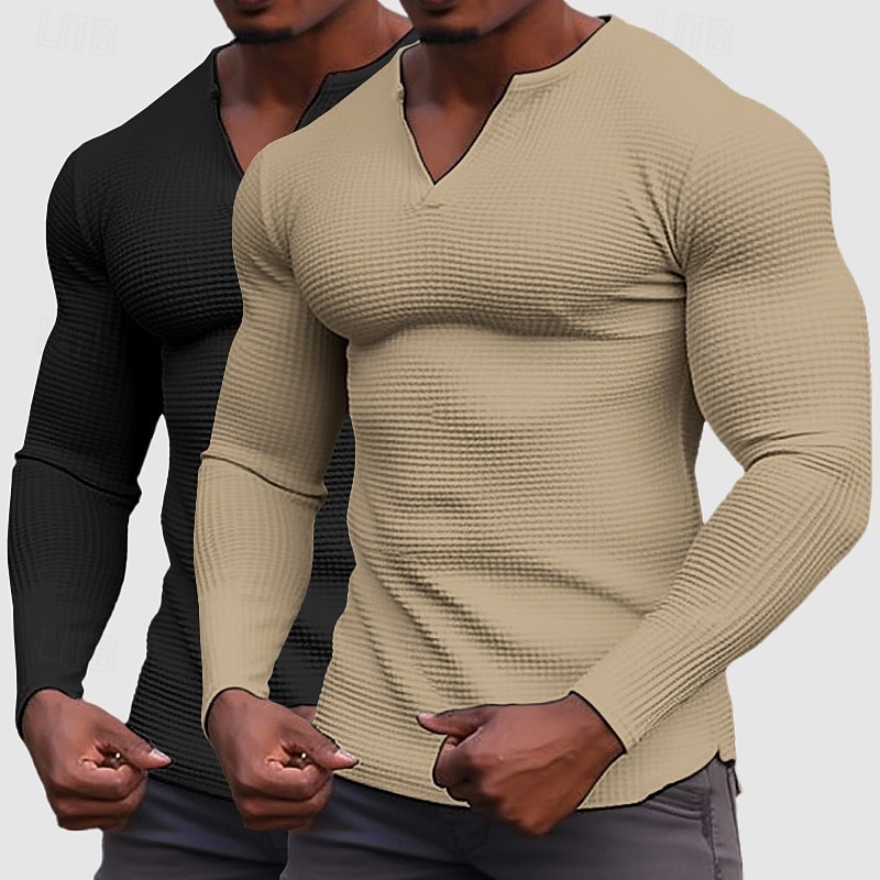 Homens Camisa Waffle Camiseta T-shirt Camisa de manga longa Manga Longa Decote V Henley Primavera & Outono Todas as Estações Tecido Moda Designer Básico 2 Peças Multi-pack Férias Rua Casual C D E Top de 2026 por $32.99 –P8