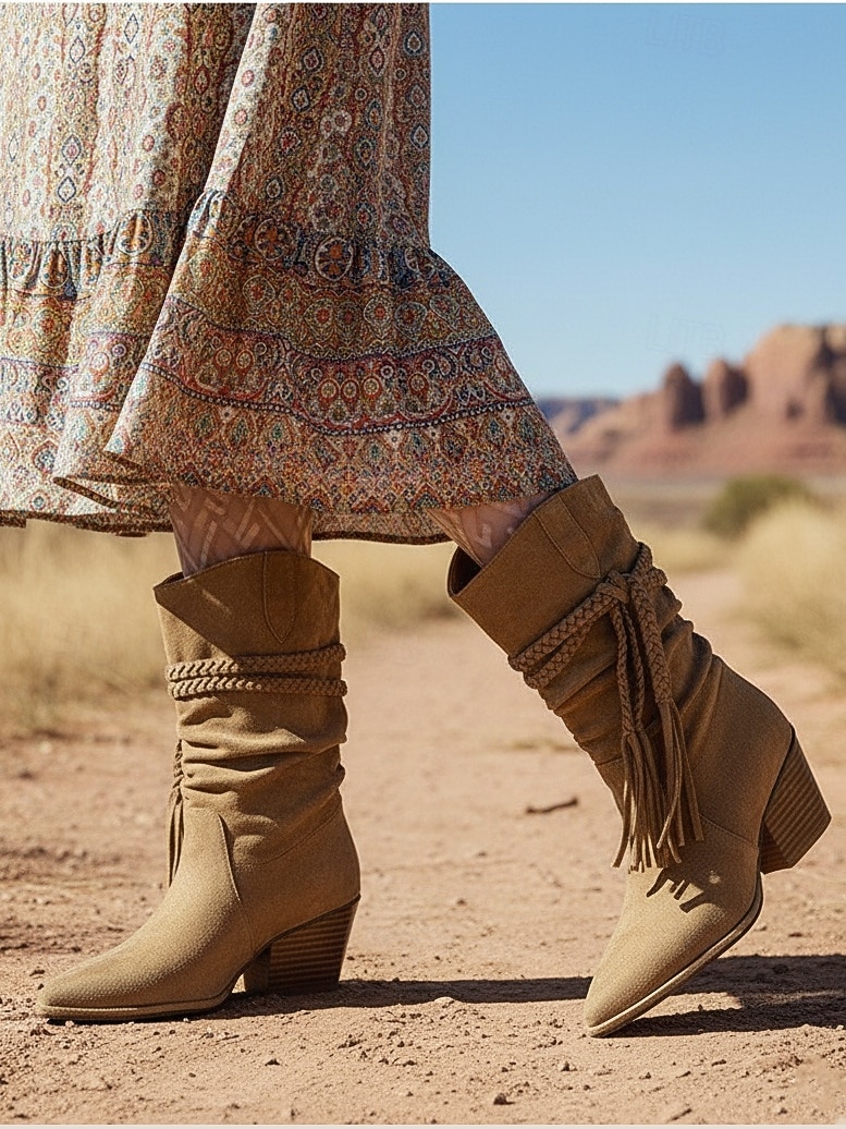 Botas femininas de camurça boêmia de cano médio com design de borlas trançadas e salto grosso - calçado casual estilo retrô western para festas e festivais de 2025 por $42.99 –P5