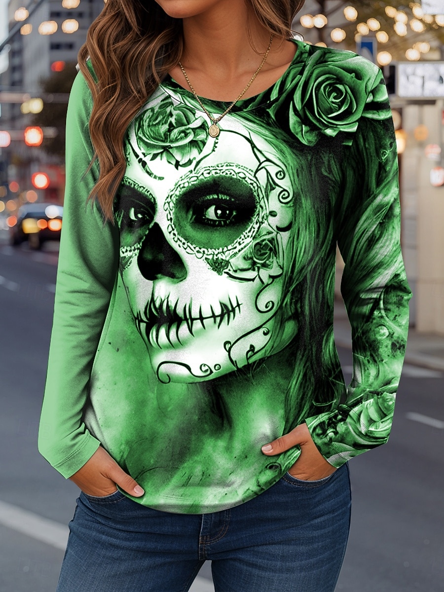 Camiseta Feminina de Halloween Gráfica de Caveiras Moda Casual Manga Longa Gola Redonda Tops Regulares Diário Fim de Semana Impressão Vermelho Azul Roxo Verde Caqui Primavera Outono Inverno de 2026 por $24.99 –P4