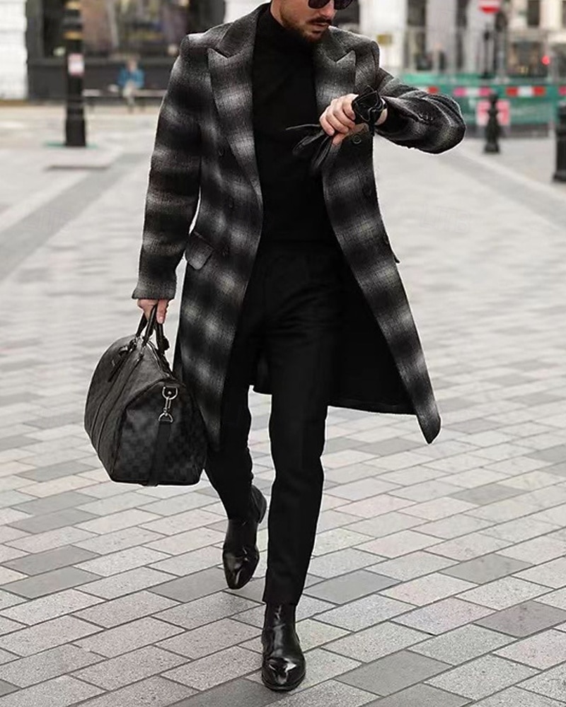 Men's Overcoat Trench Coat Long Trench Coat Vacation Daily Fall Winter Polyester Windproof Warm Outerwear Clothing Apparel Fashion Classic Plaid Pocket Lapel Open Front 2026 - $69.99 –P2