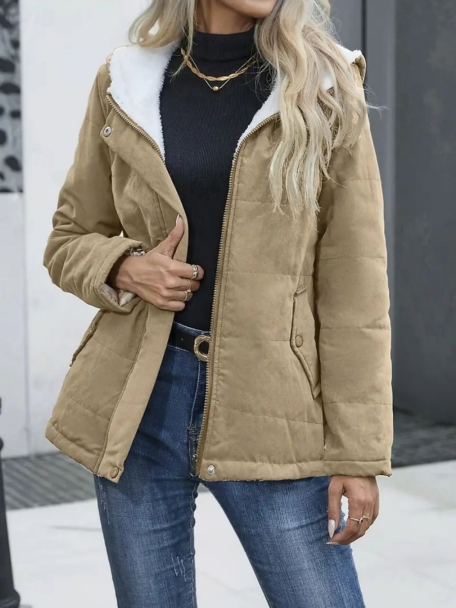 Dam Vinterkappa Fleece-jacka Bekväm Andningsfunktion Ficka Ledigt Slät Semester Gata Ledigt Dagliga kläder Dragkedja Normal Huva Normal Långärmad Ytterkläder Svart Blå Kaki Vår Höst 2025 - $35.99 –P17