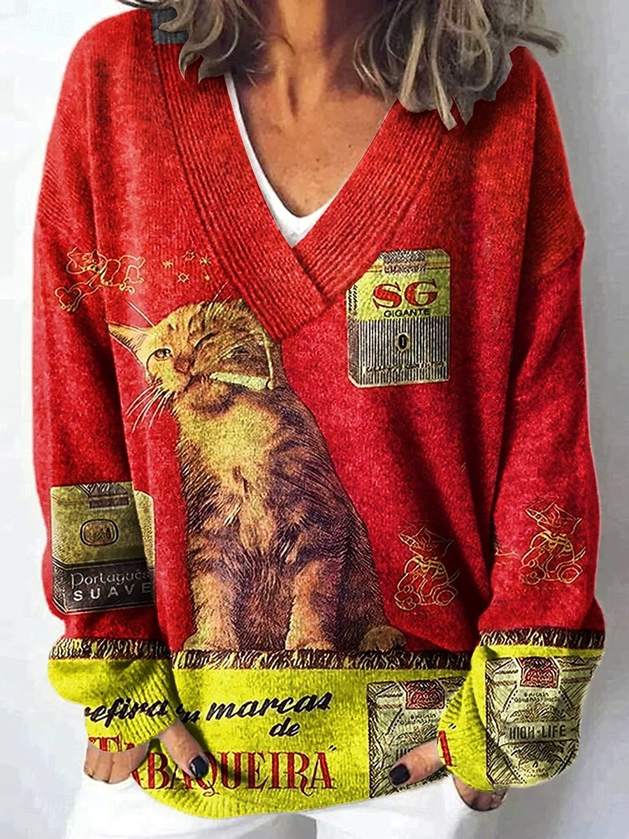 Жен. Кардиган Повседневные Графика Животное Геометрический принт Рельефный узор V-образный вырез Пуговицы С принтом Длинный рукав Обычные топы Вязать на открытом воздухе выходные Красный Синий 2025 - $35.99 –P2