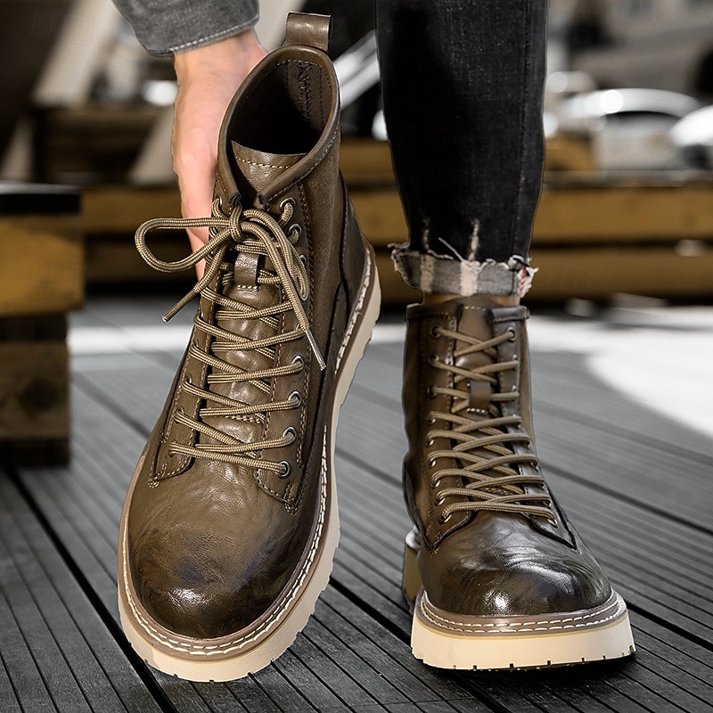 Bottes de combat à lacets en similicuir marron pour homme – chaussures de travail et de randonnée d'extérieur durables pour un usage quotidien et l'aventure de 2025 ? $54.99 –P9