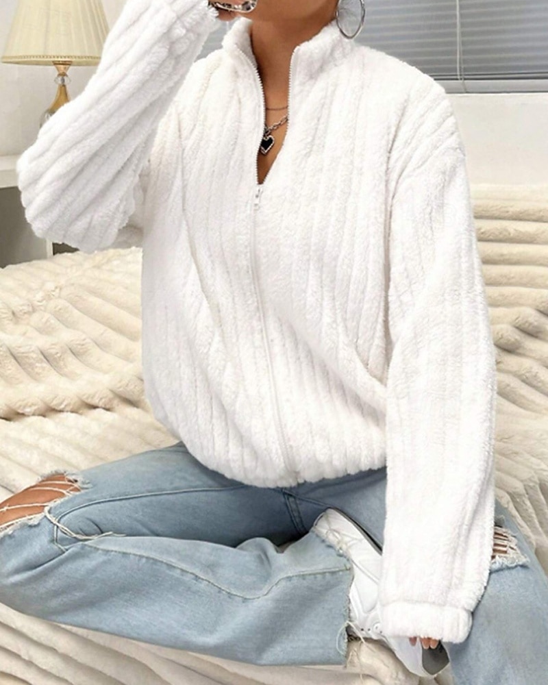 Femmes Pull Cardigan Streetwear Occasionnel Couleur Unie Col montant Fermeture éclair Tricoté manche longue Hauts Réguliers Tricoter Extérieur Fête Week-end Blanche Automne Hiver de 2025 ? $28.99 –P3