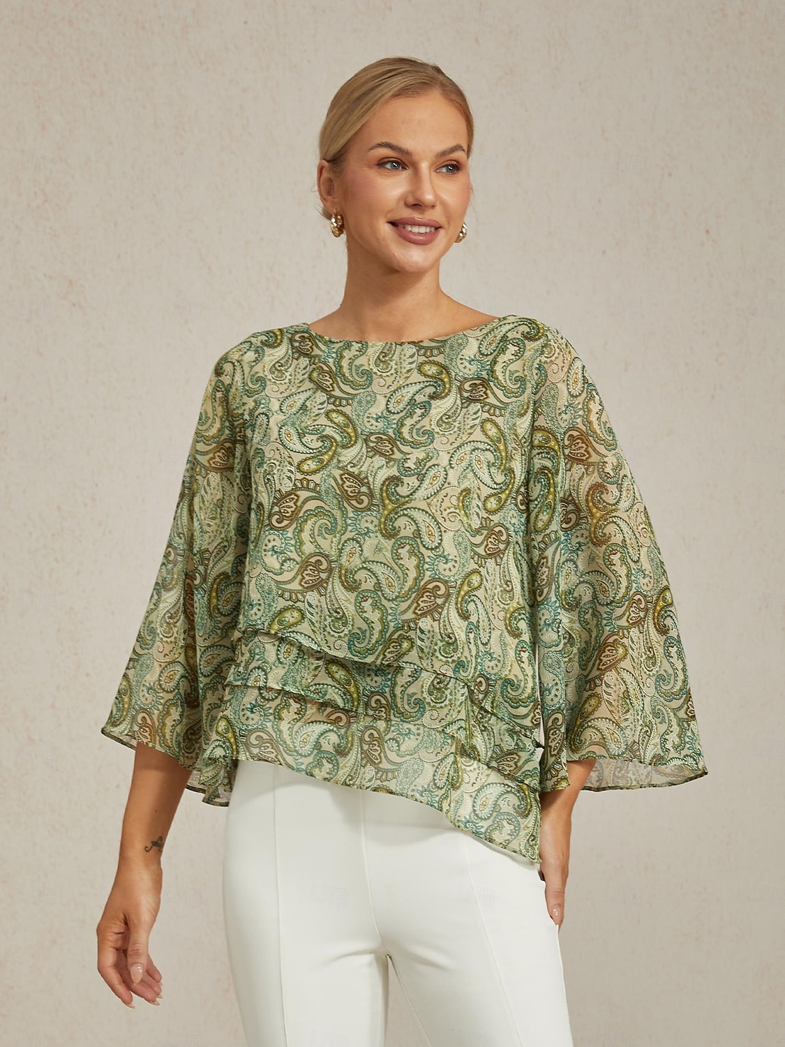 Women's Blouse Green Paisley Floral Layered 3/4 Sleeve Loose Fit Round Boat Neck Casual Elegant Spring Summer 2025 - $61.99 –P4