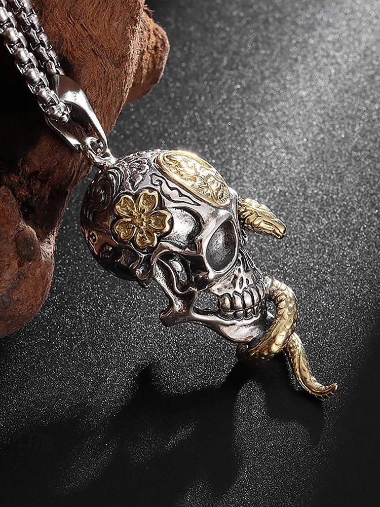 Collana con ciondolo a forma di serpente e teschio di Halloween da uomo, gioielli in lega in stile punk gotico per feste, cosplay e festival del 2025 a $9.99 –P6