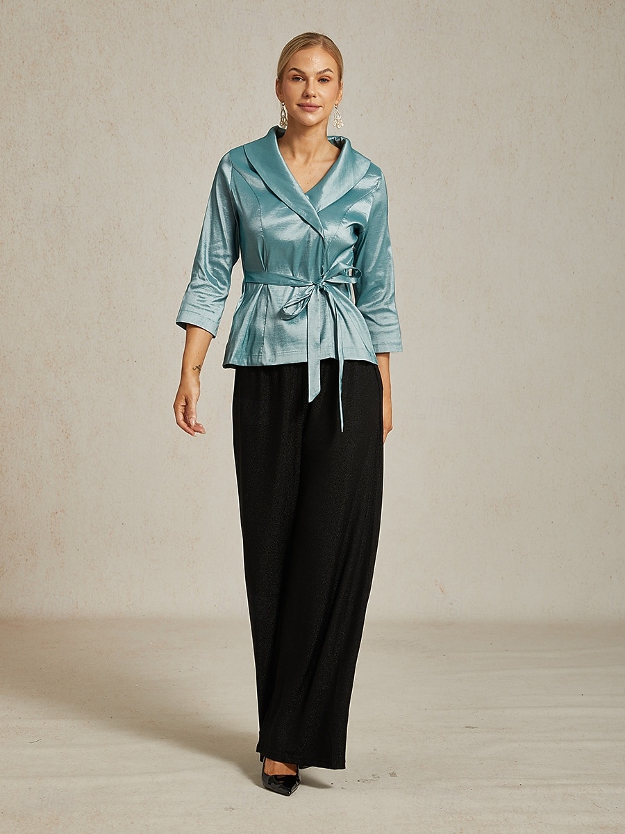 Women's Blouse Evening Tops Elegant Metallic Stylish 3/4 Length Sleeve V Neck Regular Tops Wedding Guest Evening Party Semi Formal Tie Front Dusty Blue Spring, Fall, Winter, Summer 2025 - $79.99 –P4