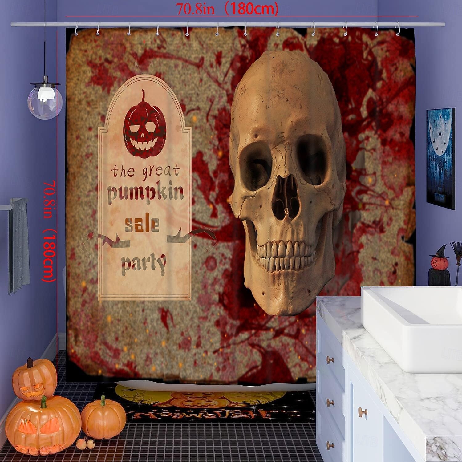 Rideaux de douche d'Halloween, motif crâne effrayant, squelette, fantôme, citrouille, tissu polyester imperméable, décoration de salle de bain avec 12 crochets, décoration de maison hantée effrayante pour les vacances de 2025 ? $18.49 –P4
