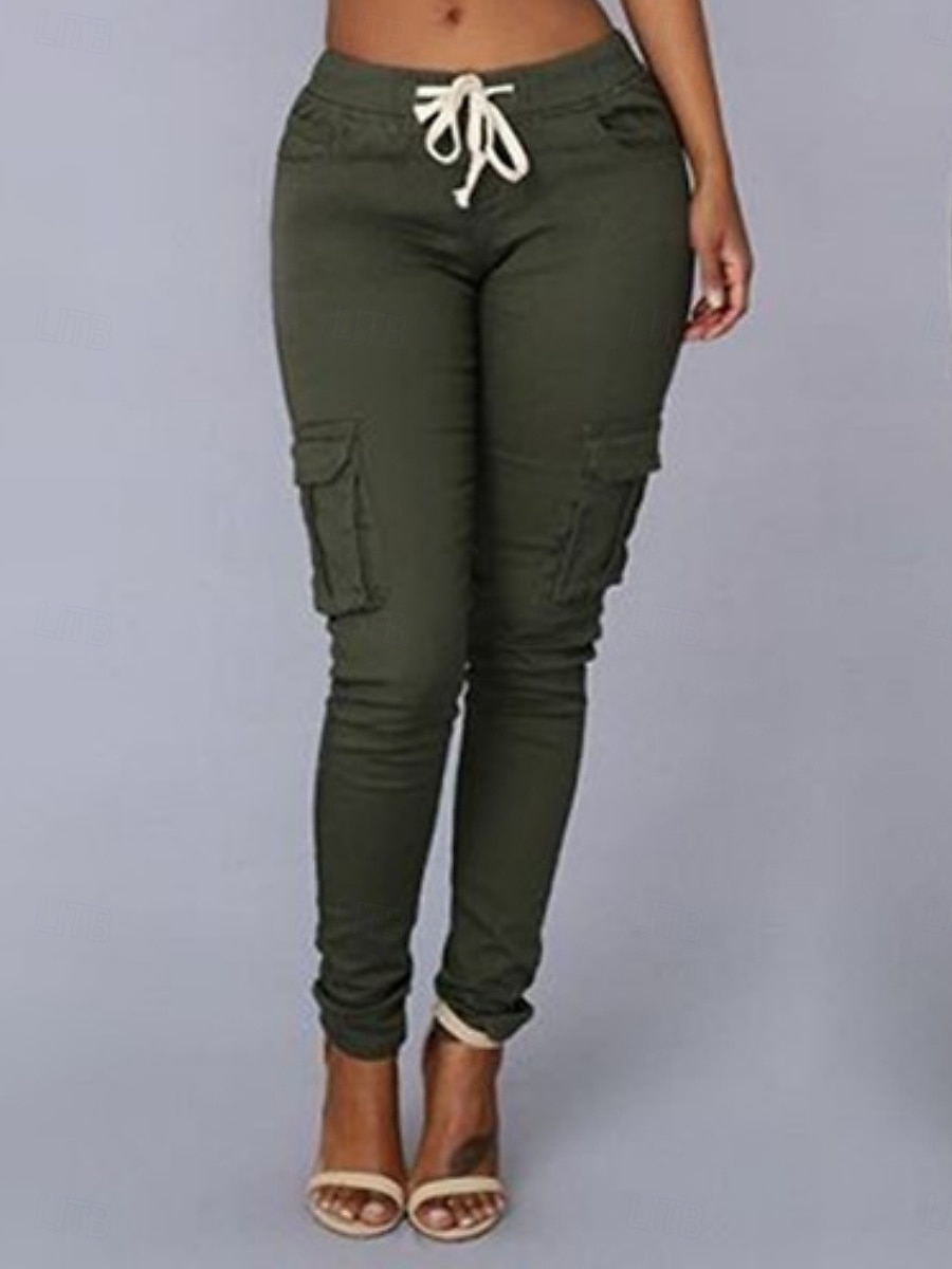 Mulheres chinês calças justas Moda Roupa de rua Casual Comprimento total Cintura Alta Tecido Com Cordão Bolsos Confortável Macio Micro-Elástica Ao ar livre Rua Branco Verde Tropa Vermelho Verão de 2025 por $19.99 –P4