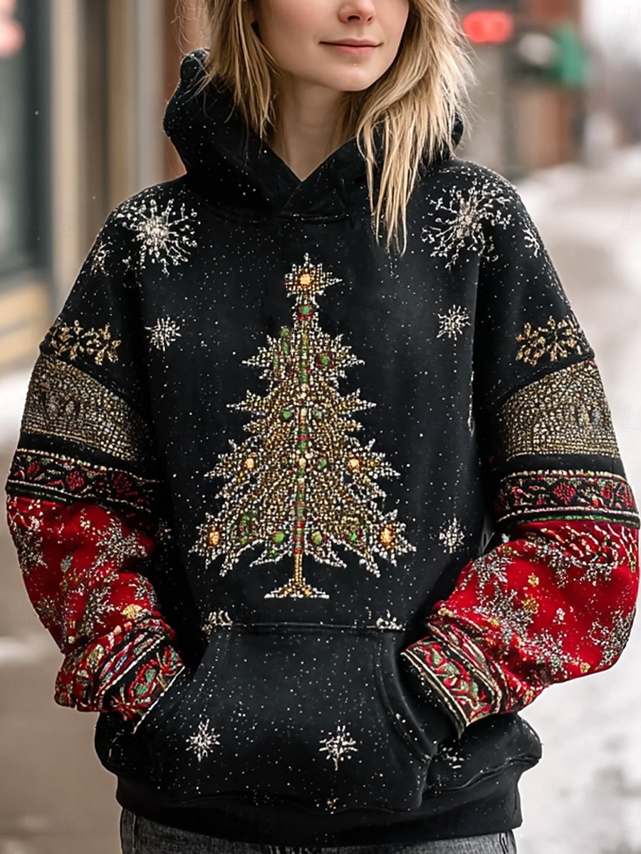 Women's Pullover Hoodie Sweatshirt Graphic Christmas Tree Tribal Casual Long Sleeve Hooded Regular Tops Party Evening Wear Street Dailywear Black Spring Fall Winter 2025 - $33.99 –P1
