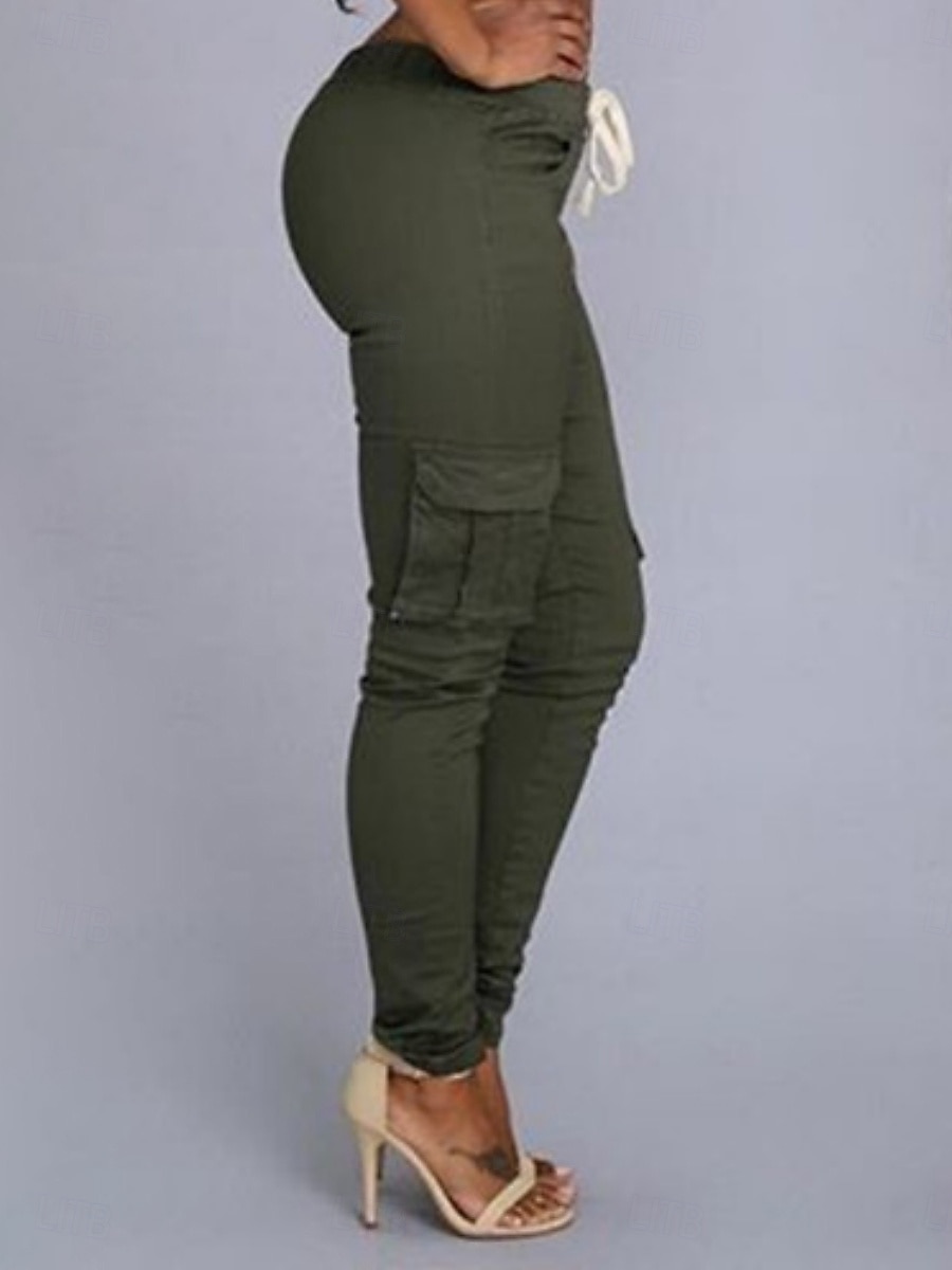 Mulheres chinês calças justas Moda Roupa de rua Casual Comprimento total Cintura Alta Tecido Com Cordão Bolsos Confortável Macio Micro-Elástica Ao ar livre Rua Branco Verde Tropa Vermelho Verão de 2025 por $19.99 –P5