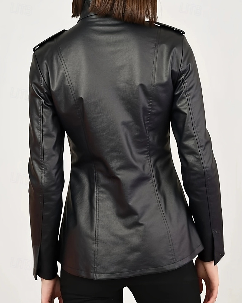 Damen Kunstlederjacke Warm Bequem Reißverschluss Tasche Lässig Einfach Urlaub Ausgehen Wochenende Regulär Stehkragen Normale Passform Langarm Oberbekleidung Schwarz Herbst Winter 2025 - $53.09 –P3