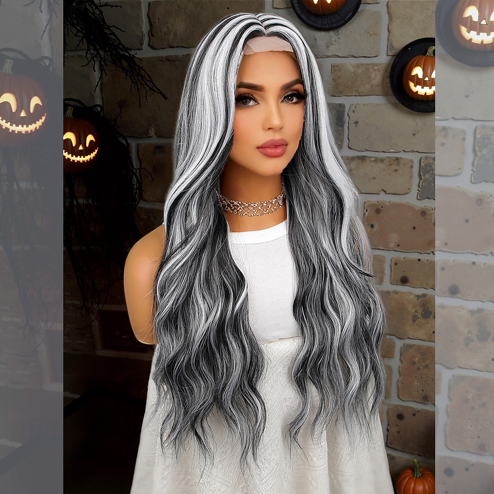 Synthetic Lace Wig Curly Style 26 inch Mixed Color Middle Part U Part Wig Women's Wig Black & White 2025 - $40.99 –P4