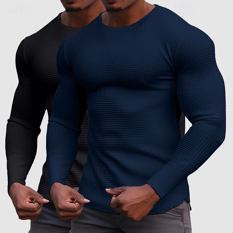 Men's Waffle Shirt T Shirt Tee Top Long Sleeve Shirt Long Sleeve Crew Neck Spring &  Fall All Seasons Plain Fashion Designer Basic 2 Piece Knitted Multi-pack Casual Vacation Street White+Black Top 2026 - $39.99 –P10