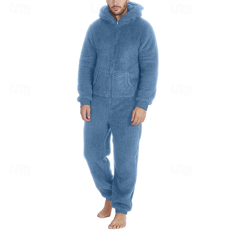 Men's Loungewear Bodysuits Sleepwear 1 PC Plain Warm Fashion Stylish Home Daily Bed Sherpa Polar Fleece Thermal Warm Comfort Soft Hoodie Long Sleeve Pocket Fall Winter Light Pink Black 2026 - $46.99 –P13