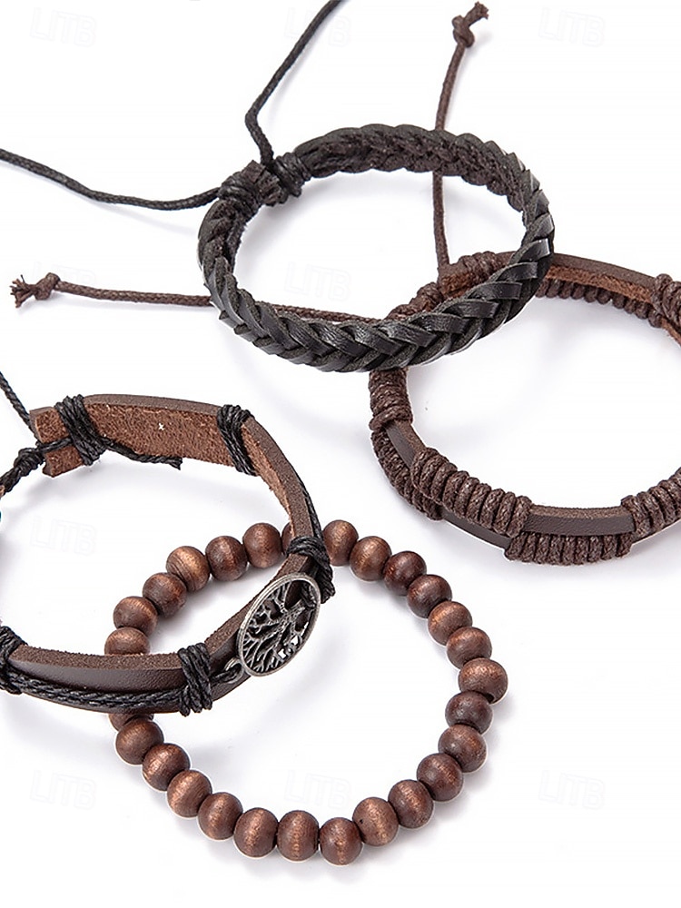 flerlags armbåndsett i ekte skinn for menn – bohemsk perlebesatt livets tre-armbånd for uformelt bruk, fest og reiser 2026 - $9.99 –P10