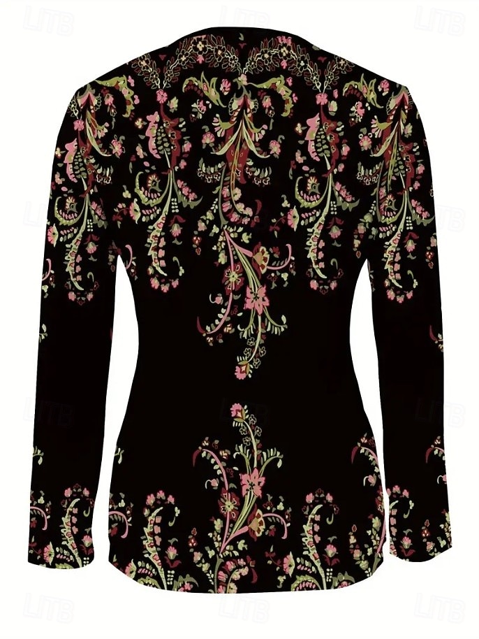 Женская футболка с короткой молнией на груди длинный рукав повседневная графическая tribal винтажная бохо тропическая гавайская V-образный вырез обычные топы для повседневной носки черная весна осень 2026 - $25.99 –P3