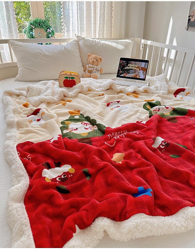 Vánoční fleece deka tlustá sherpa deka na pohovku měkká flanelová deka s motivem kreslených postaviček pohodlná deka na siestu víceúčelová sváteční dárková deka 2025 - $18.99 –P6