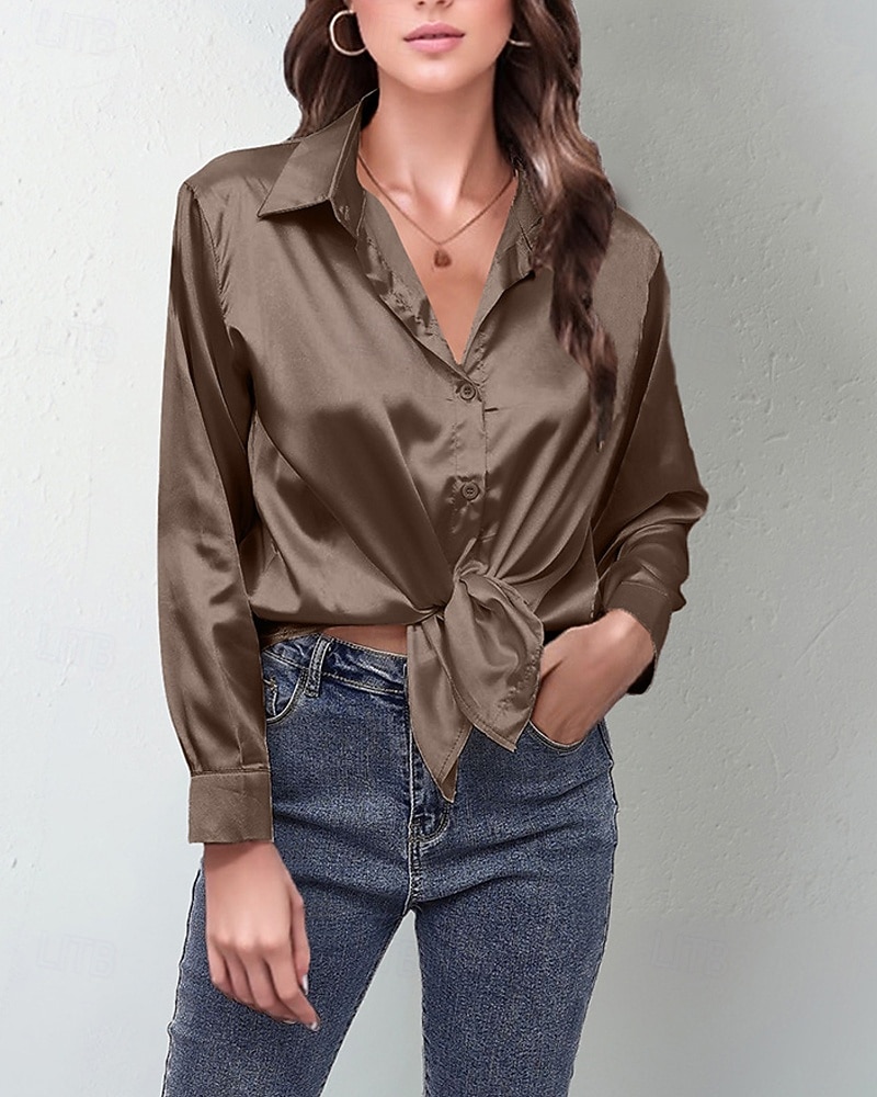Damskie Koszula Elegancki Szykowny Top satynowy Guziki Jednokolorowe Elegancki Codzienny Długi rękaw Kołnierzyk koszuli Zwykłe topy Codzienny Wyjściowe Niebieski Jasnozielony Rumiany róż Żółtobrązowy 2026 - $27.99 –P4