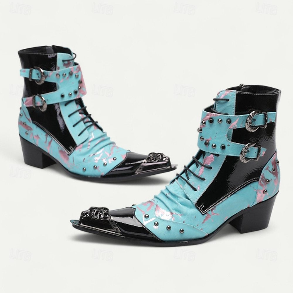 stivaletti da cowboy vintage da uomo – vera pelle di vacchetta con motivo blu, punta affilata e cinturini con fibbia per balli western, spettacoli teatrali e abbigliamento da festa del 2026 a $159.99 –P4
