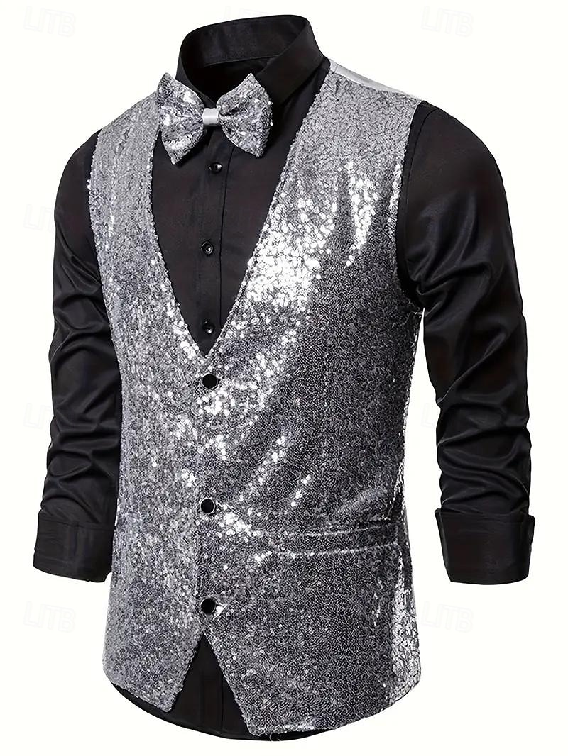 gilet da uomo con scollo a V, tinta unita, nero, argento e oro, vestibilità su misura del 2025 a $39.99 –P12