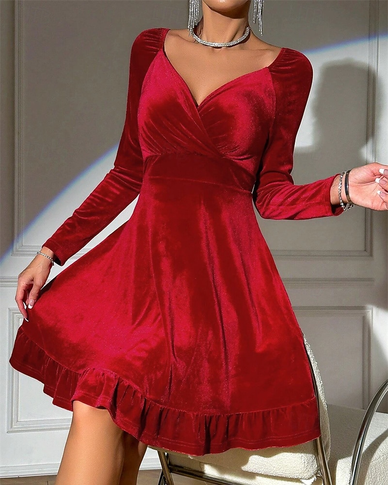 Mujer Vestido Midi Vestido de terciopelo Vestido Cóctel Elegante Moda Moderno Diario Exterior Fiesta de Noche Ajuste regular Plano Manga Larga Escote en Pico Rojo Primavera Otoño 2026 - $35.99 –P2