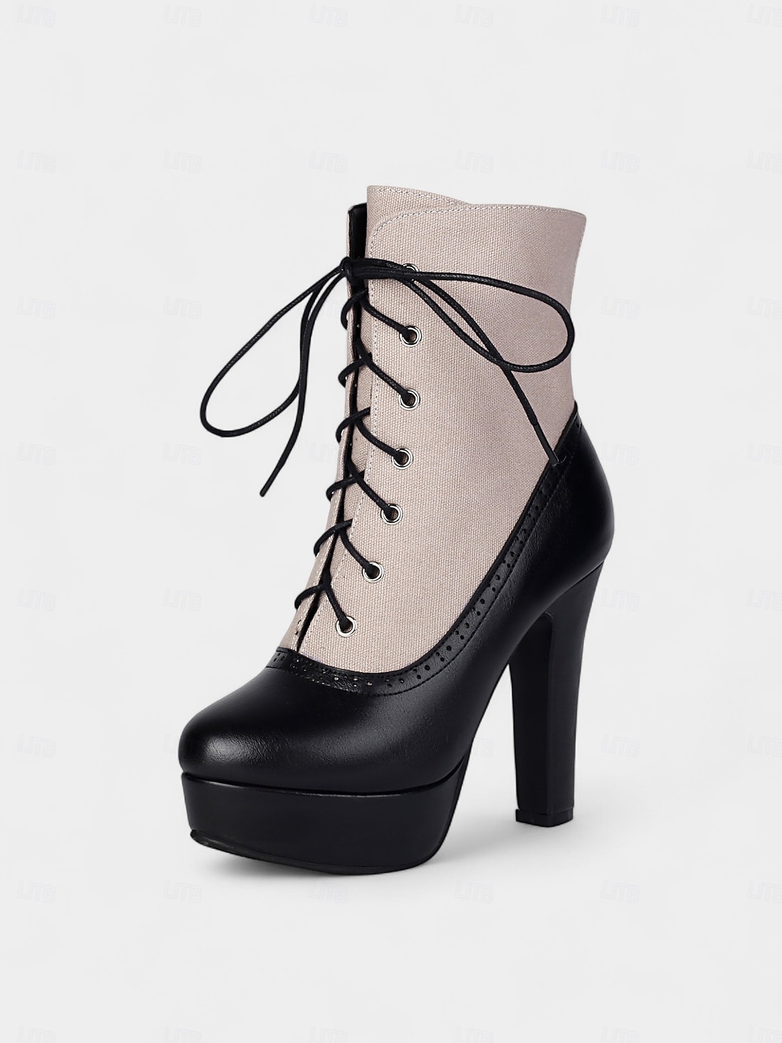 Botas femininas de salto alto com cadarço cor de vinho – botinhas plataforma estilo brogue vintage com painel de lona para festa e moda de outono de 2025 por $59.99 –P1