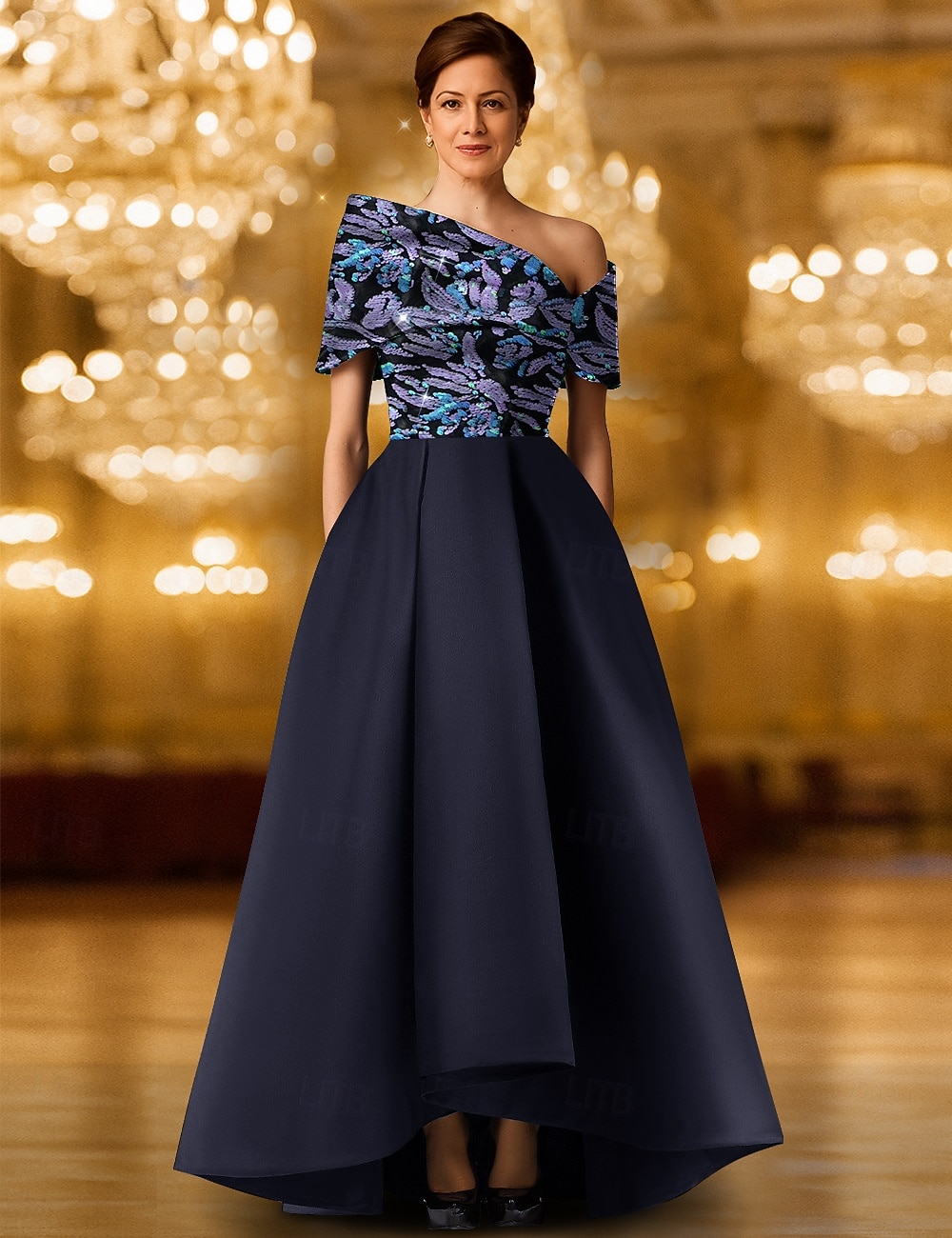 Vestido de noite preto dourado com lantejoulas evasê, elegante vestido formal para casamento formal, comprimento até o chão, um ombro só, bolso, cetim com glitter, bordado, xale 2025 de 2025 por $149.99 –P5