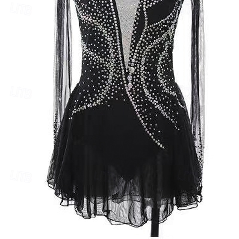 Kunstschaatsjurk Dames Voor meisjes Schaatsen Jurken Zwart Lapwerk Duimopening Netstof Spandex Rekbaar Opleiding Oefenen Professioneel Kunstschaatskleding Thermisch Warm Kristal / Bergkristal Lange 2025 - $257.69 –P3