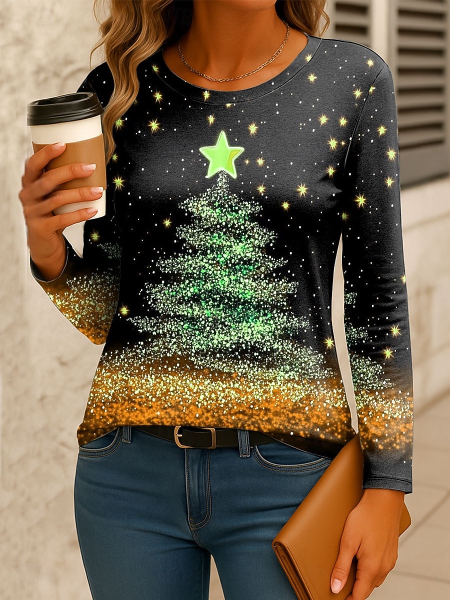 Noël Femmes T-shirt Graphique Arbre de Noël ancien Mode Élégant manche longue Col ras du cou Hauts Réguliers Quotidien Week-end Imprimé Jaune Rose Claire Rouge Bleu Vert Printemps Automne Hiver de 2025 ? $26.99 –P6