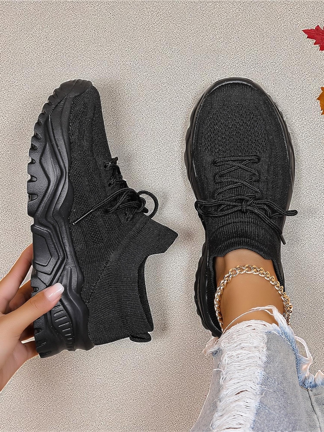 röda flyknit damsneakers med grov sula – andningsbara snörskor för avslappnad streetwear och gymträning 2026 - $29.99 –P6