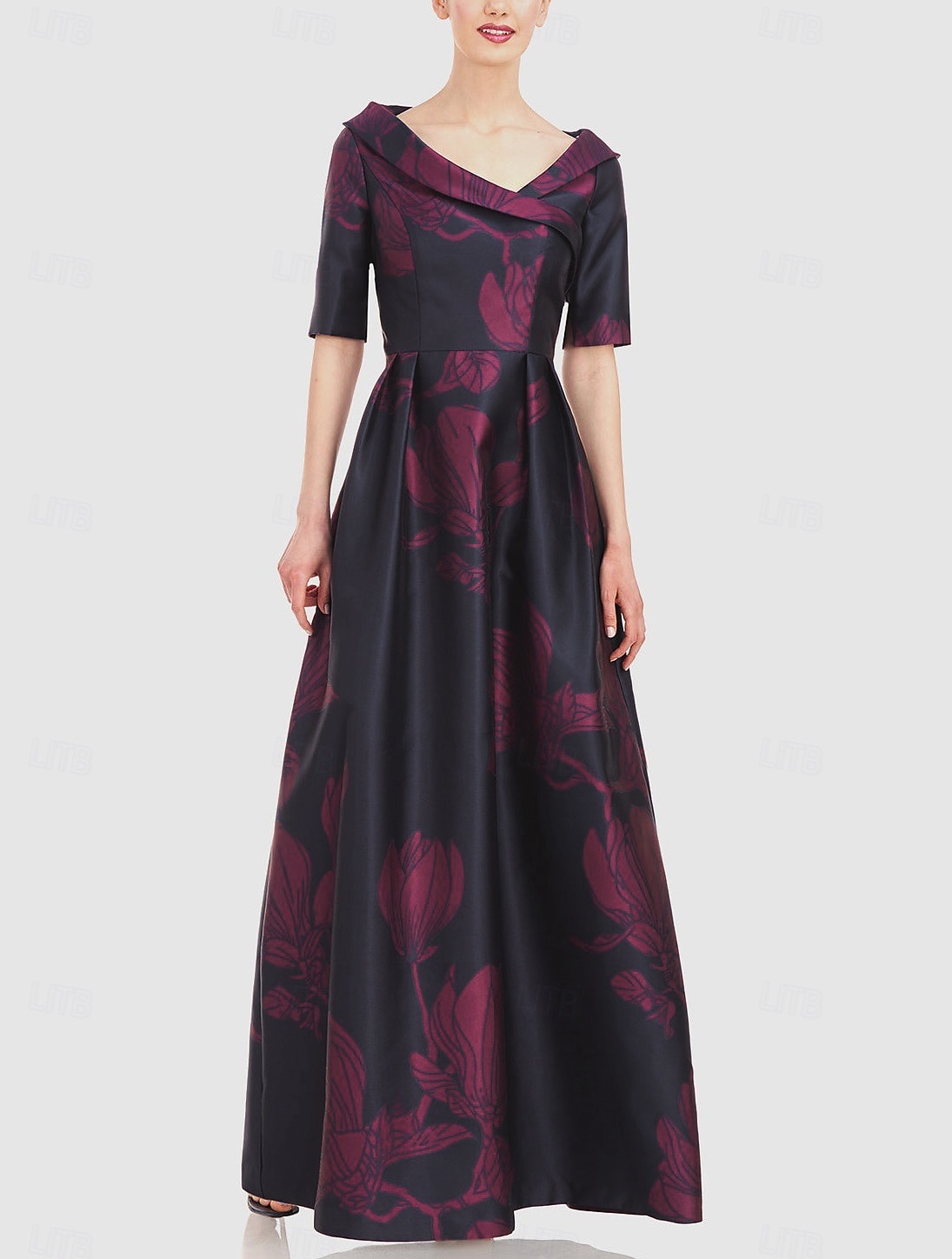 A-Line Robe de soirée élégante robe formelle mariage longueur au sol à manches courtes col de chemise poche satin avec imprimé floral de 2025 ? $159.99 –P5