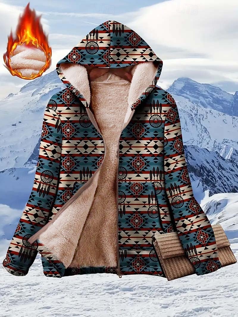 Женские худи на молнии флисовая подкладка графический геометрический,paisley  элегантные тёплые винтажные длинный рукав с капюшоном обычные топы для дома работы вечеринки вечерние наряды на молнии с 2026 - $45.99 –P1