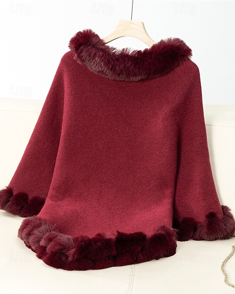 Damen Pullover Schultertuch Elegant Mode Streetwear Einfarbig Gerippt Rollkragen Gestrickt Asymmetrischer Saum Kunstpelzbesatz Halbarm Normale Oberteile Stricken Outdoor Täglich Wochenende Weinrot 2025 - $39.99 –P11