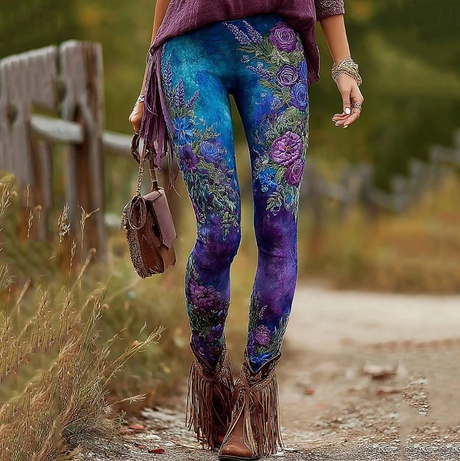 Damen Leggings Urlaub Vintage Mode Volle Länge Hohe Taille Blumen Grafik Blatt Drucken Thermowarm Weich Atmungsaktiv Dehnbar Urlaub Formell Straße Violett Grün Frühling Herbst Winter Schmale Passform 2026 - $21.99 –P2