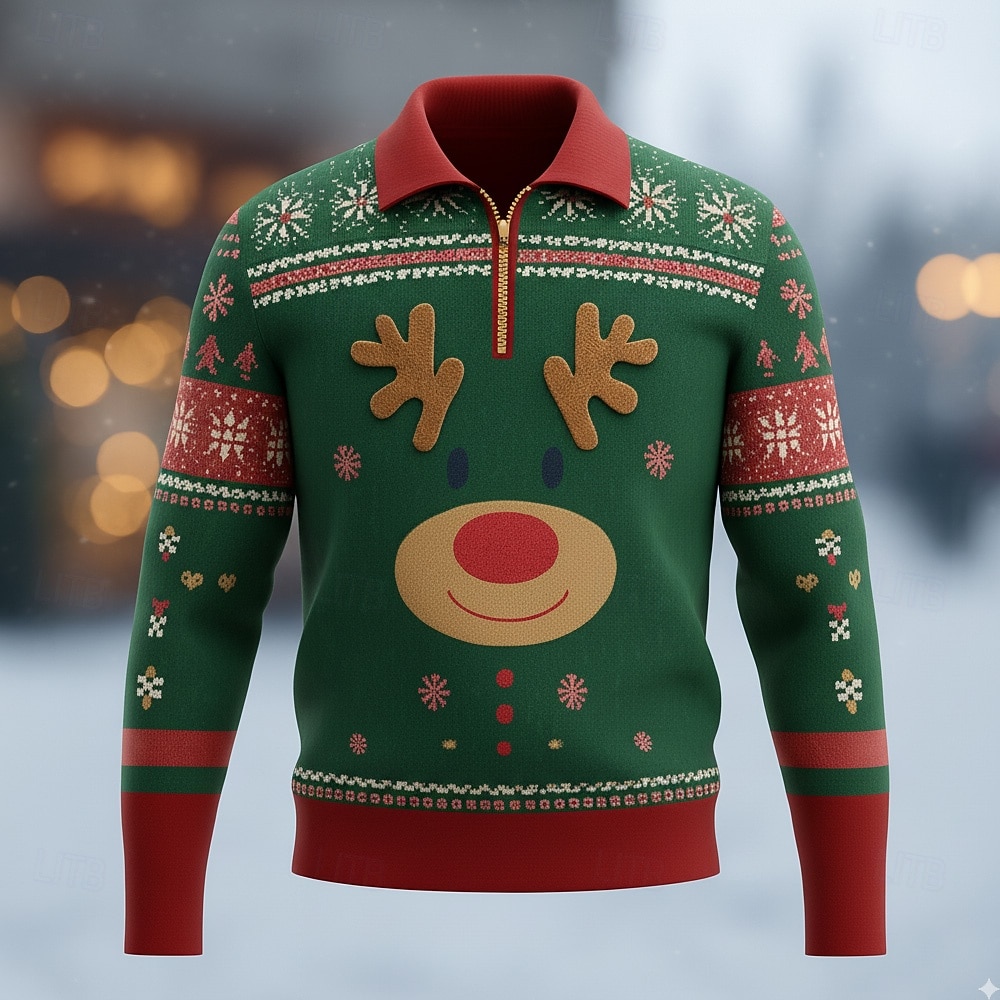 2025年 クリスマス 男性用 カートゥン 各 ポロ 長袖 折襟 近代の レジャー スポーツ カジュアル／普段着 ジッパー 3Dプリント 春 秋 冬 ルビーレッド グリーン アプリコット  コレクション – $22.99 –P3