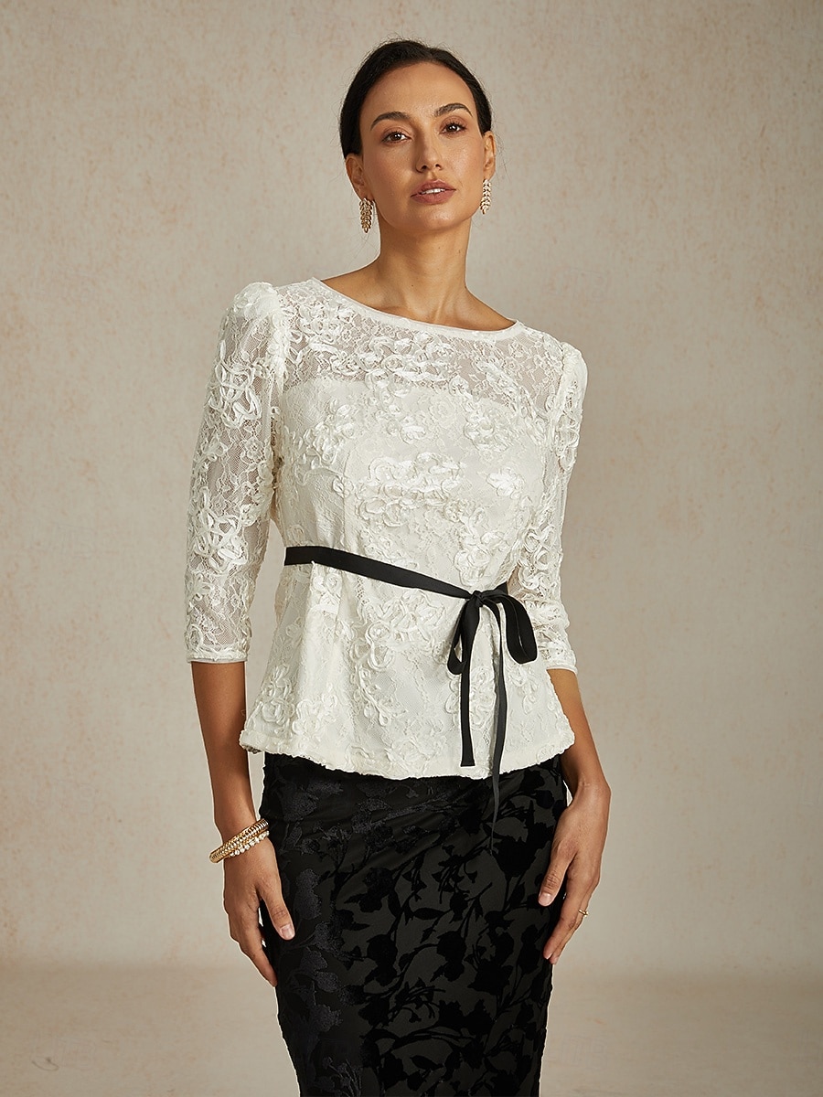 2026年 女性用 レーストップス フラワー グラフィック エレガント スタイリッシュ ボートネック レギュラートップス ホワイト 夏 春 秋  コレクション – $97.99 –P1