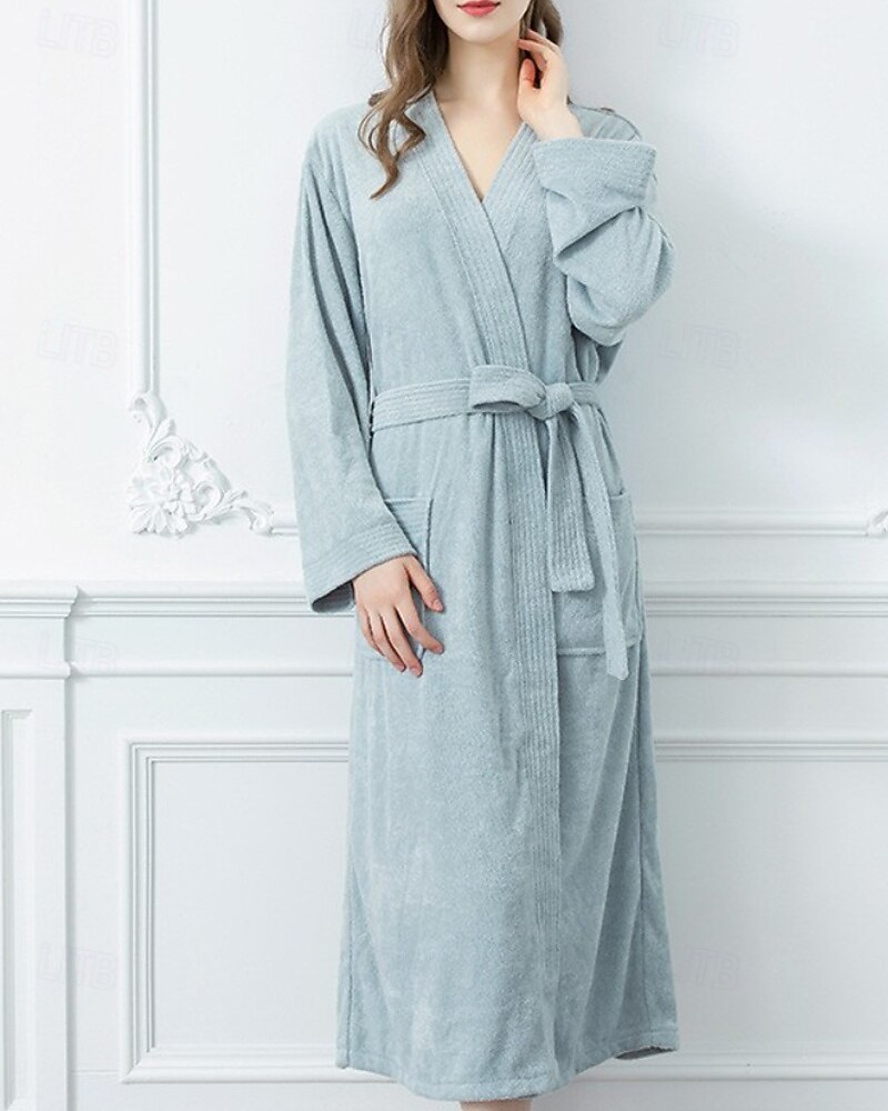Dam Pyjamas Morgonrock Ledigt Ren färg Ficka Hem Säng Långärmad V-hals Vit Rodnande Rosa Marinblå Blå Grå Höst Vinter Skräddarsydd passform 2025 - $35.99 –P4
