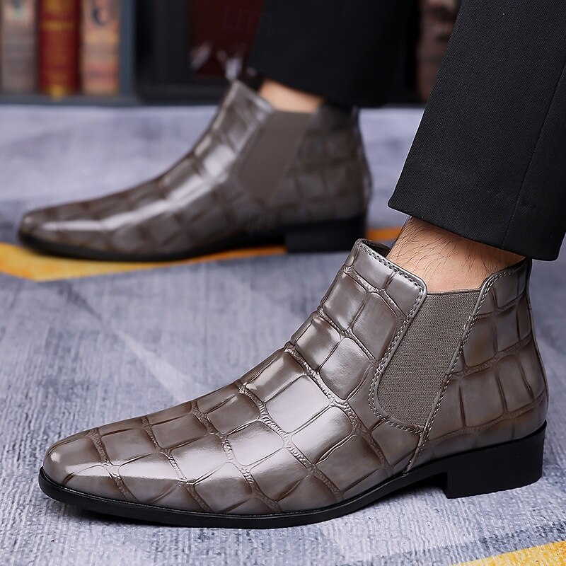 Botines Chelsea marrones con estampado de cocodrilo para hombre: botines de piel sintética con paneles laterales elásticos, botas de vestir de estilo vintage para oficina y noche. 2025 - $42.99 –P7