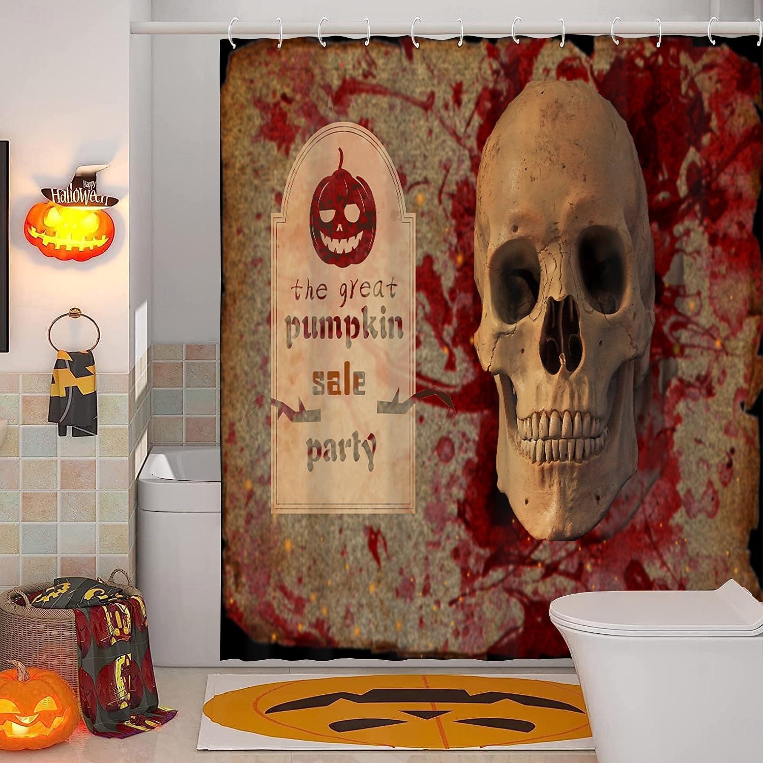 Rideaux de douche d'Halloween, motif crâne effrayant, squelette, fantôme, citrouille, tissu polyester imperméable, décoration de salle de bain avec 12 crochets, décoration de maison hantée effrayante pour les vacances de 2025 ? $18.49 –P7