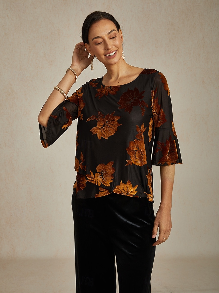 camicetta da donna elegante top in velluto floreale elegante casual girocollo top normali da invitata a nozze quotidiano marrone autunno inverno del 2025 a $59.99 –P6
