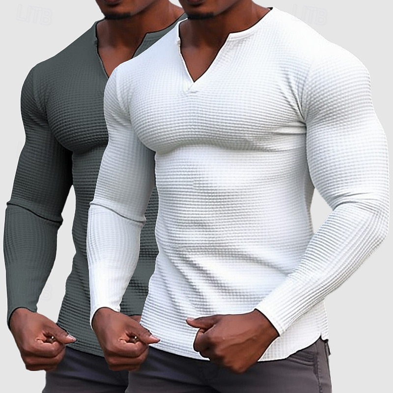Homens Camisa Waffle Camiseta T-shirt Camisa de manga longa Manga Longa Decote V Henley Primavera & Outono Todas as Estações Tecido Moda Designer Básico 2 Peças Multi-pack Férias Rua Casual C D E Top de 2026 por $32.99 –P10