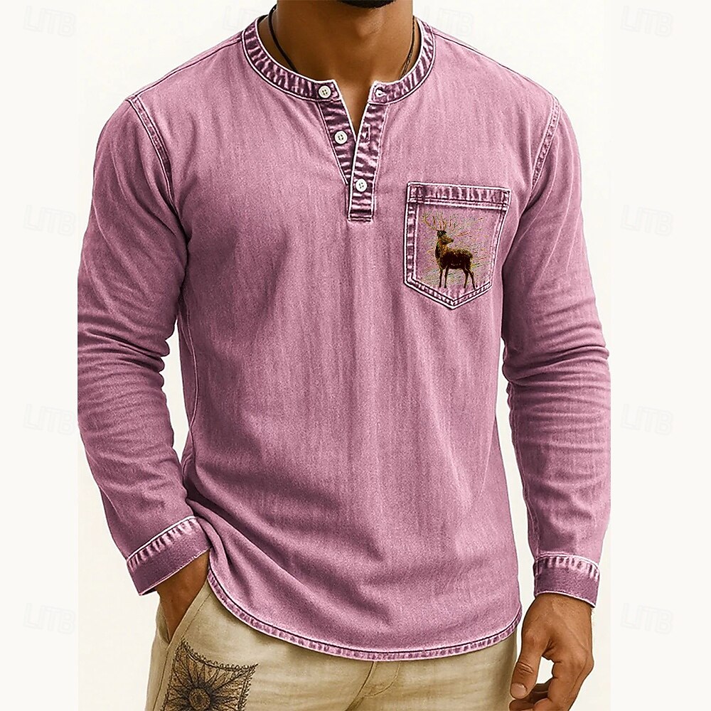 Voor heren Henley-shirt T-shirts T-shirt Shirt met lange mouwen Lange mouw Henley Herfst Winter Rendier Hert Modieus Ontwerper Mode Wijnoogst Vakantie Straat Uitgaan Donker Bruin Marine Zwart Top 2025 - $38.99 –P10