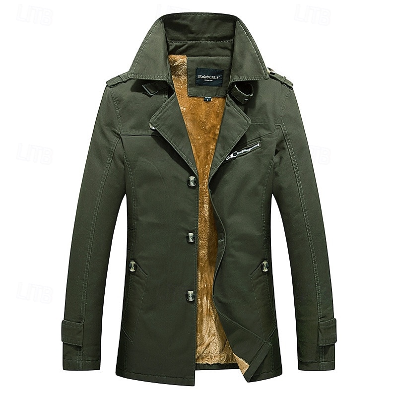 Herr Fleece-jacka Peacoat Trenchcoat Semester Dagligen Höst Vinter 100 % bomull Håller värmen Ytterkläder Kläder Mode Klassisk Slät Ficka Kavajslag Enkelknäppt 2025 - $48.99 –P19