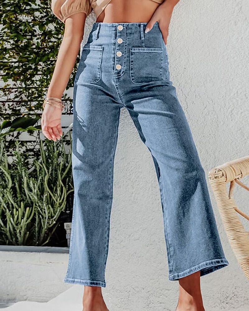 Per donna Jeans Chinos Dritto Streetwear Casual Lunghezza intera Vita media Semplice Tasca Elastico in vita Confortevole Micro-elastico All'aperto Vacanza Quotidiano Nero Blu Blu chiaro Autunno del 2025 a $32.99 –P9