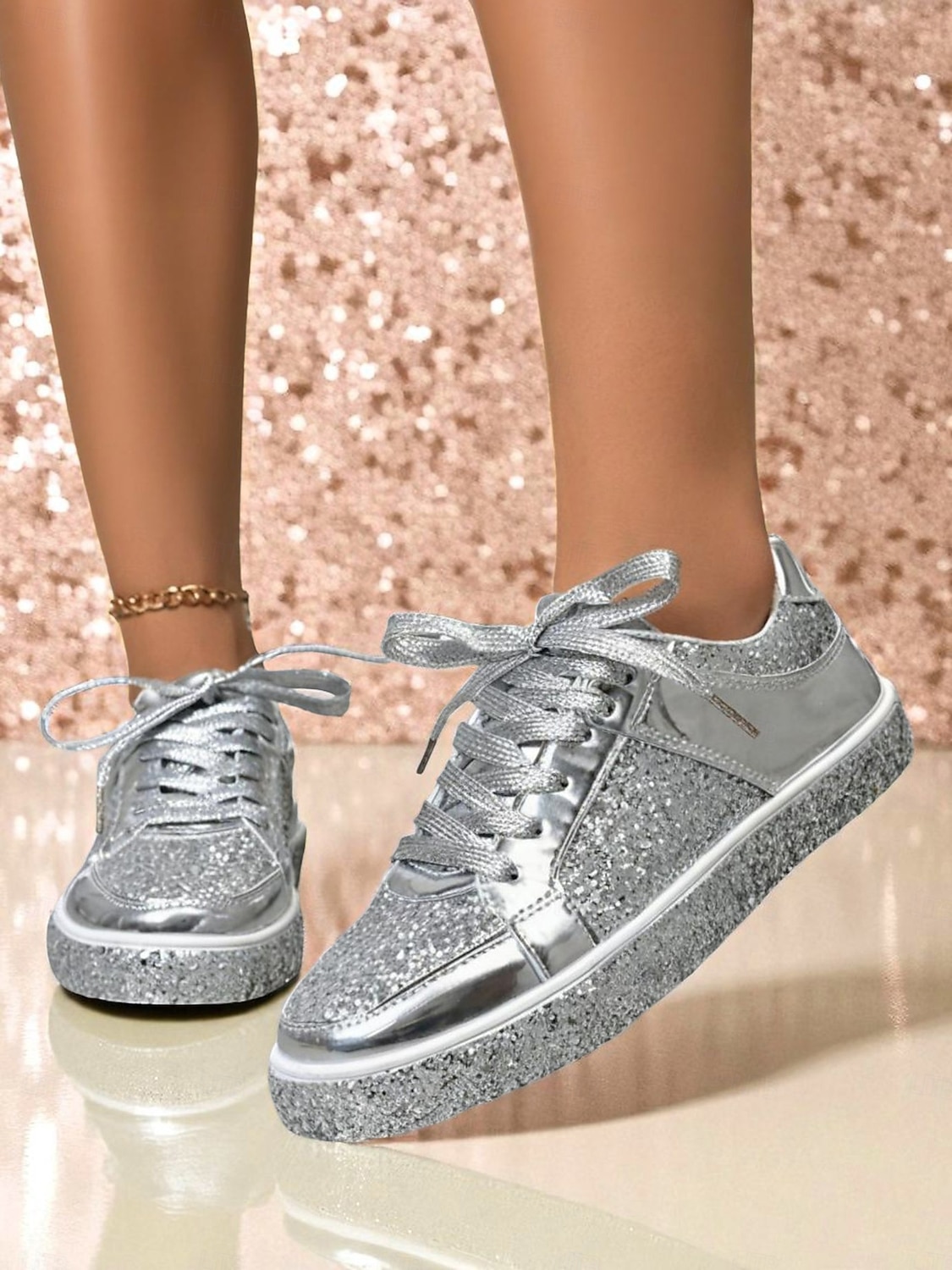 Damsneakers med guldfärgad glitter – glänsande snörskor med glittrig design för nattliv, klubbar och fester 2026 - $42.99 –P4