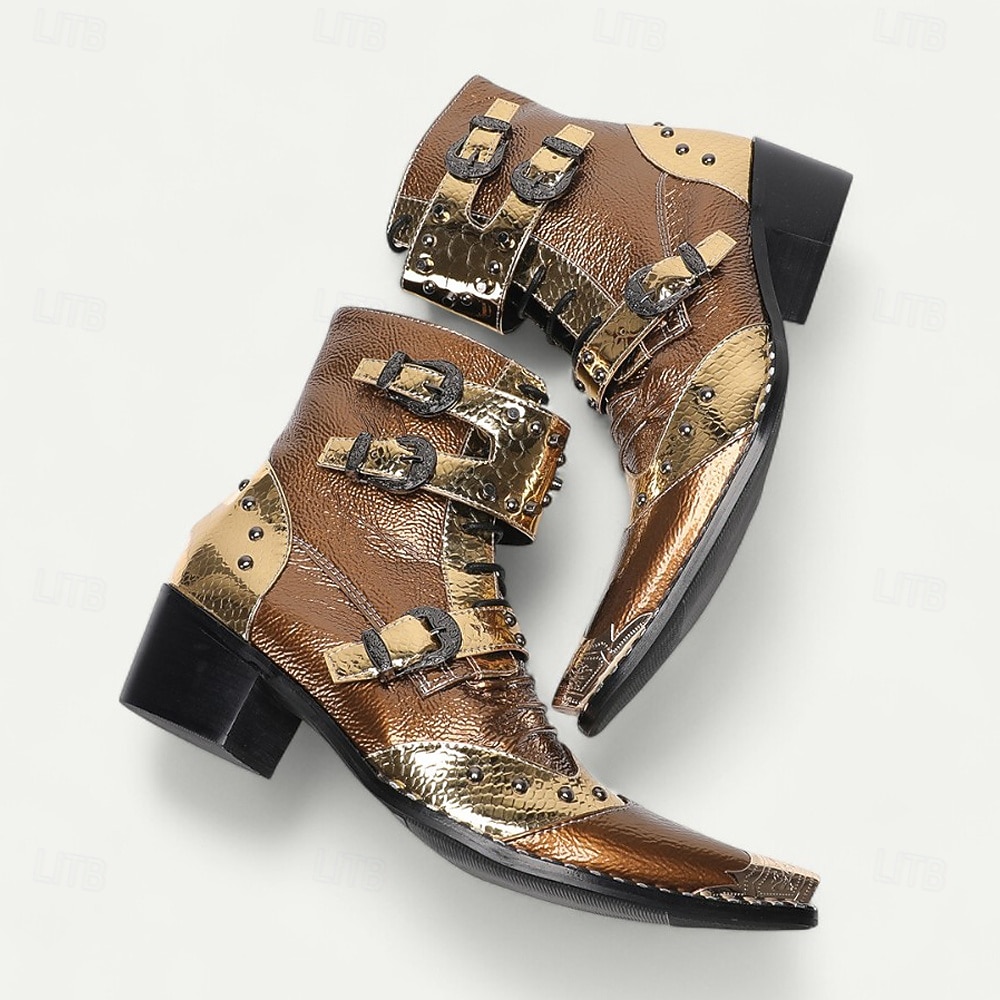 Bottines rétro punk pour homme – en cuir de vachette véritable marron avec rivets et brides à boucle, style rock gothique pour concerts, discothèques et mode moto de 2025 ? $159.99 –P8