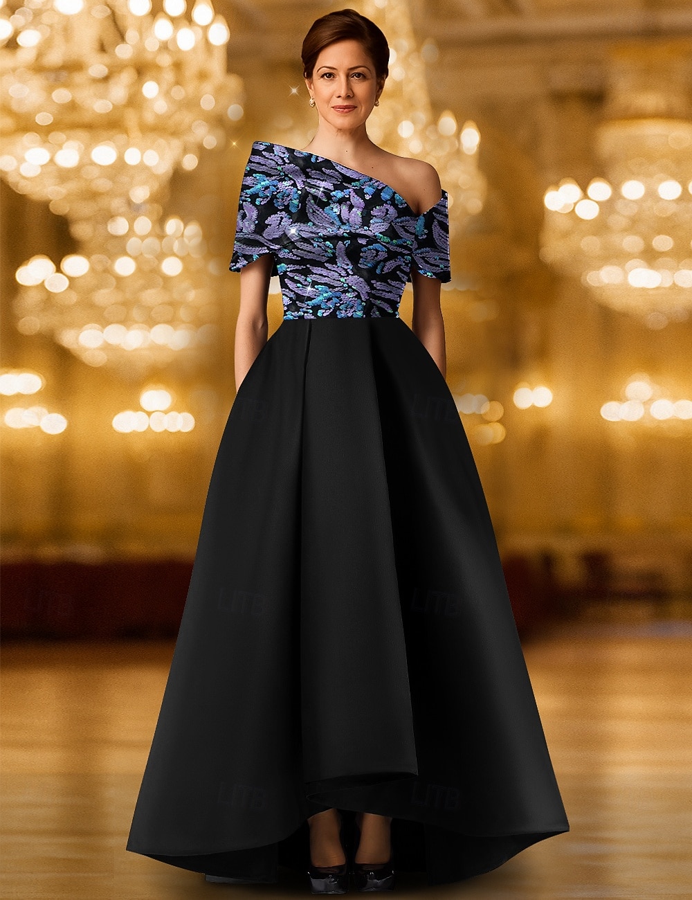 Vestido de noite preto dourado com lantejoulas evasê, elegante vestido formal para casamento formal, comprimento até o chão, um ombro só, bolso, cetim com glitter, bordado, xale 2025 de 2025 por $149.99 –P7