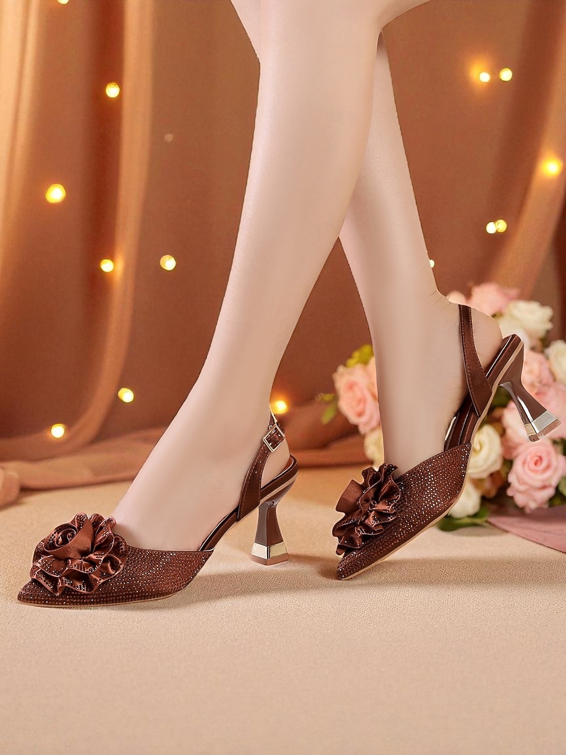 Женские фиолетовые туфли со стразами и цветочным декором на каблуке-слингбэке — элегантные туфли с острым носком для официальных мероприятий и коктейльных вечеринок 2025 - $54.99 –P4