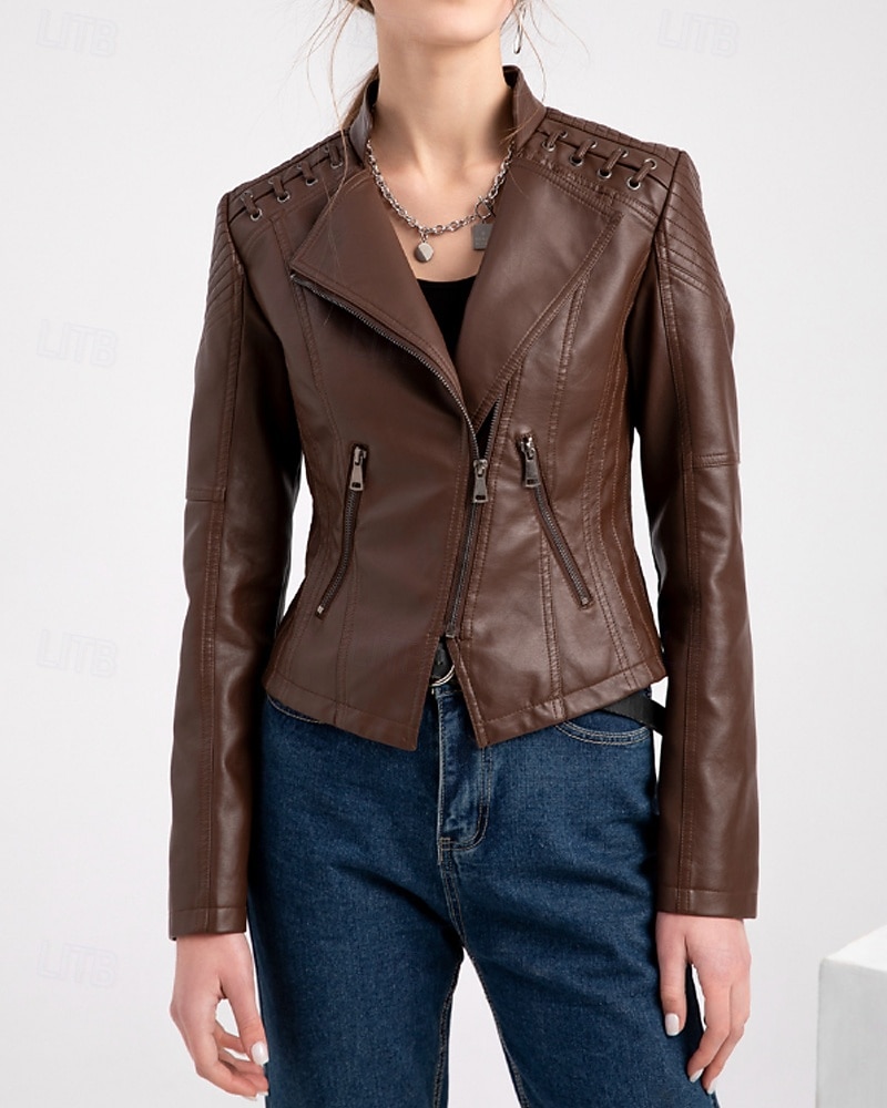 Per donna Giacca in Ecopelle Confortevole Cerniera Tasca Casual Semplice Vacanza Abbigliamento quotidiano Uscire Weekend Regolare Collo ripiegato Vestibilità regolare Manica Lunga Capispalla Nero del 2025 a $53.99 –P2